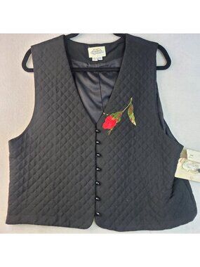 Vintage Susan Bristol Quilted Vest 12 Black Red Rose Floral Romantic Goth Layers